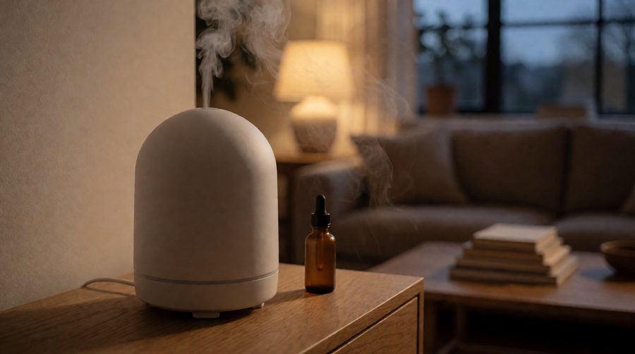 600ml diffuser misting on a sideboard in an open-plan living room