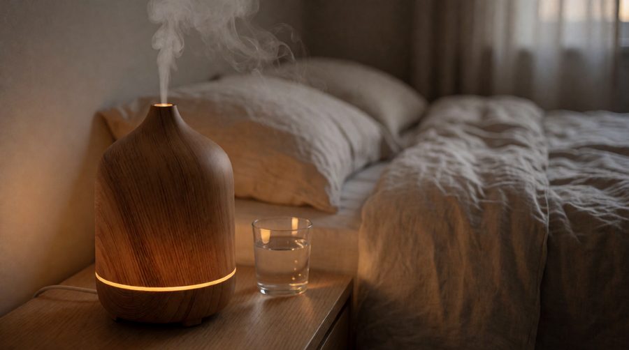 600ml humidifier diffuser with a dim amber light on a bedside table at night
