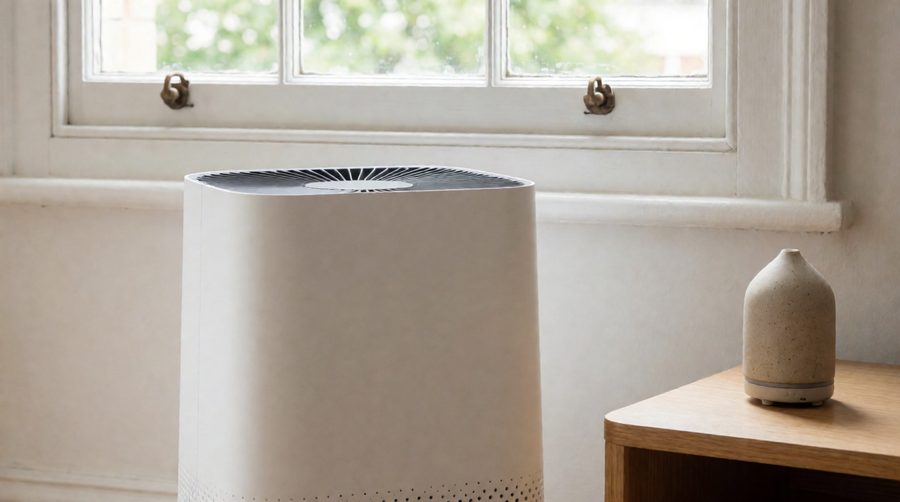 Air purifier diffuser setup: a HEPA air purifier next to a small ceramic aroma diffuser by a window