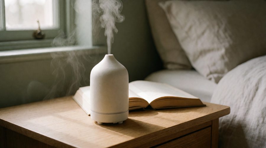 Battery operated diffuser misting on a bedside table