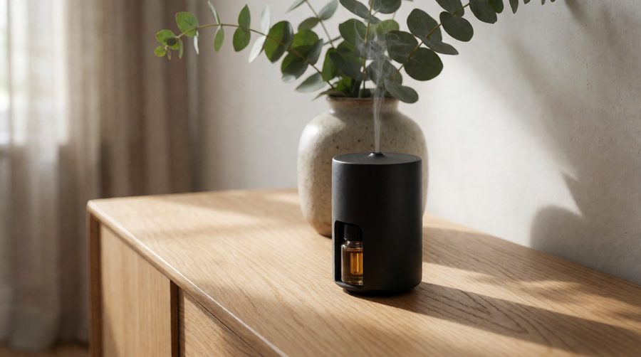 Cold air diffuser with a screw-in oil bottle on an oak sideboard