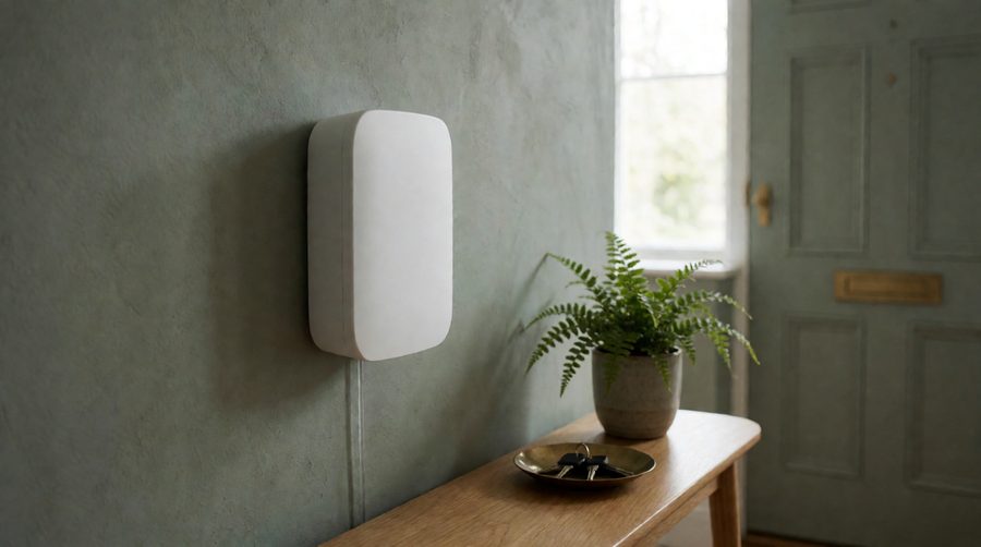 Wall-mounted cold air scent diffuser in a UK hallway