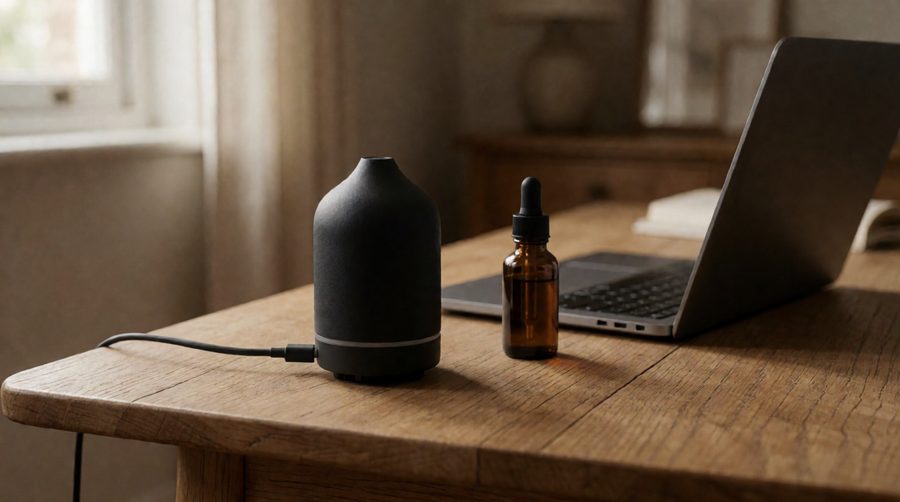 Rechargeable cordless diffuser charging by USB-C on a desk