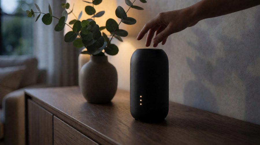 Diffuser with display dimmed to a few small lights at night