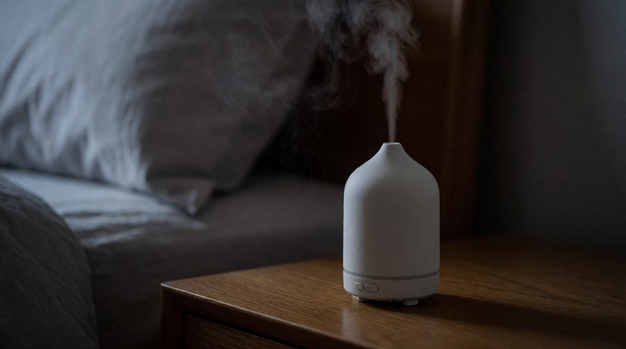 Diffuser with timer misting on a bedside table at night