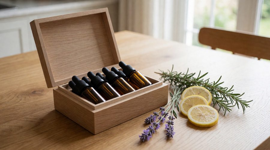 Essential oil set of six amber dropper bottles in a wooden box with lavender, rosemary and lemon