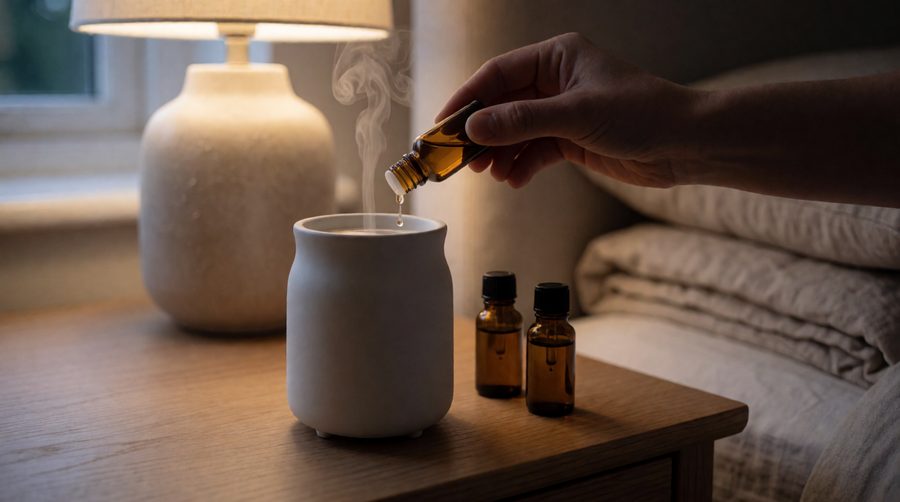 Adding drops from an essential oil set to an ultrasonic aroma diffuser on a bedside table
