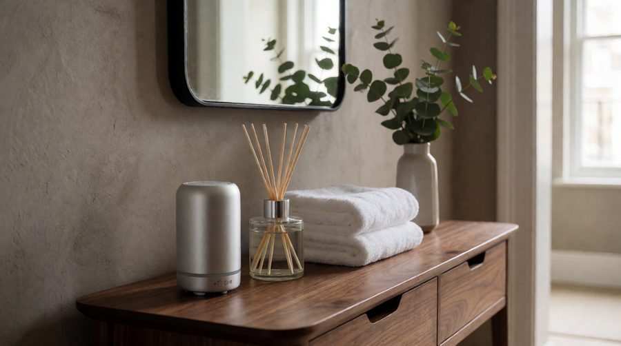 Hotel diffuser for home on a hallway console table with a reed diffuser