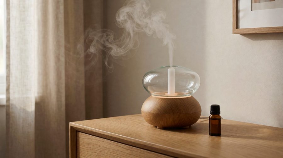 Nebulizing diffuser with a glass top releasing essential oil vapour in a living room