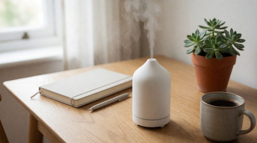 Office diffuser releasing a light mist on a wooden desk