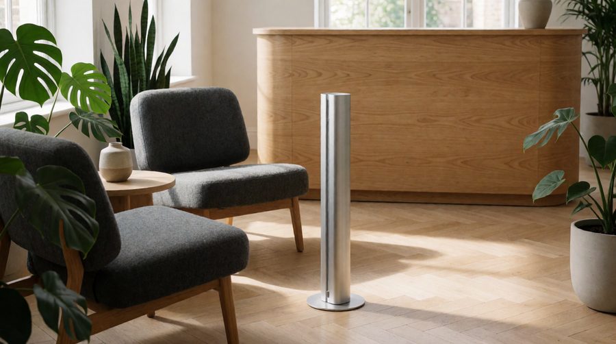 Office scent diffuser tower standing in a bright reception area