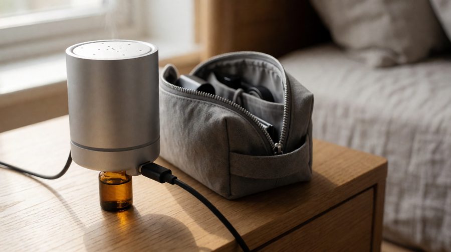 Portable nebulising travel diffuser charging by USB-C on a bedside table