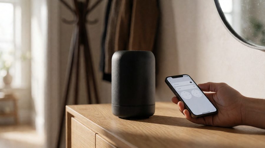 Programmable diffuser in a hallway with its schedule set from a phone