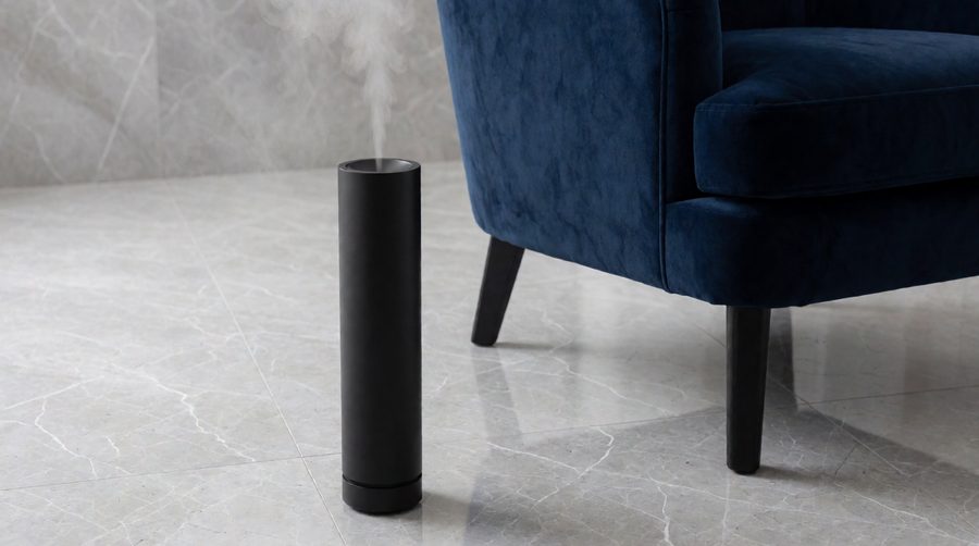 Hotel scent diffuser tower misting beside an armchair in a hotel lobby