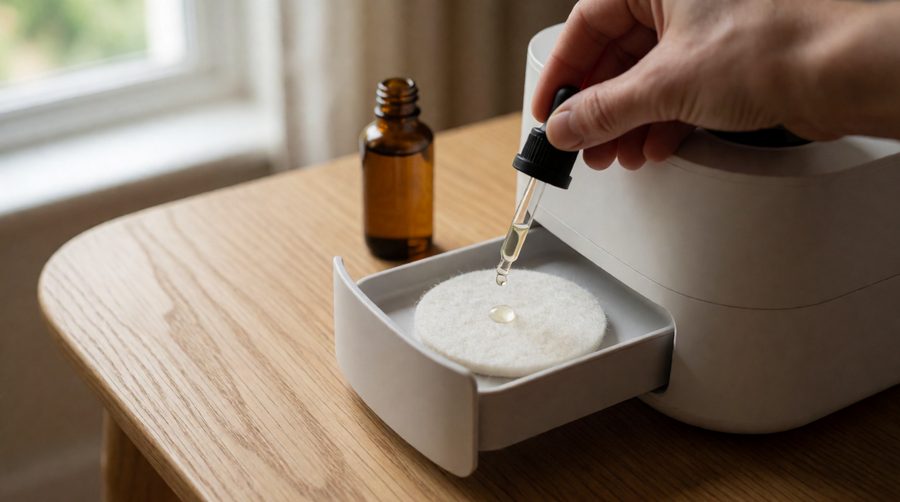 Adding essential oil to the aroma pad of a scented air purifier