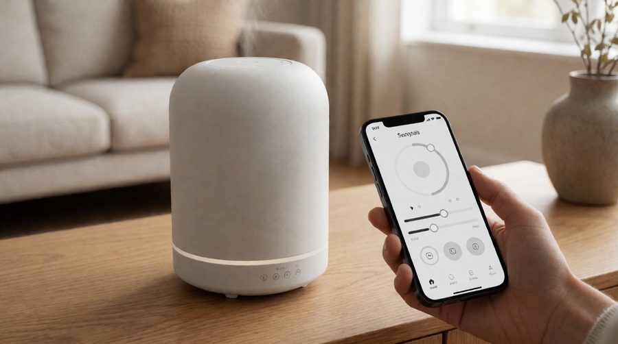 Smart diffuser on a living room sideboard controlled from a phone app