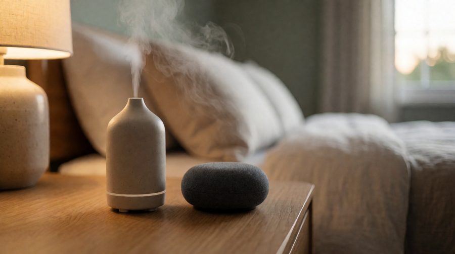 Smart home diffuser misting on a bedside table next to a smart speaker