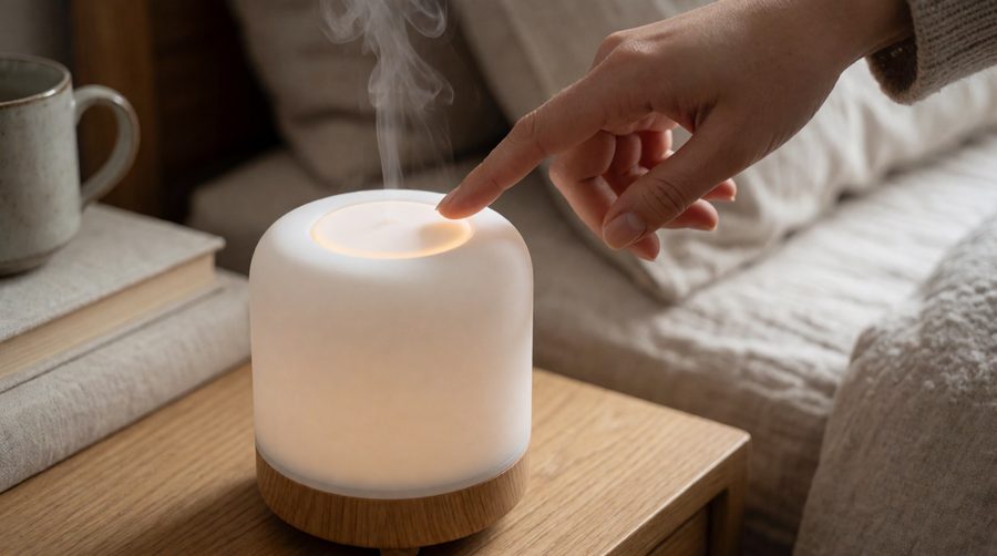 Touch control diffuser with a glowing touch pad on a bedside table