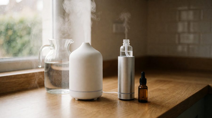 Water vs waterless diffuser side by side on a kitchen worktop