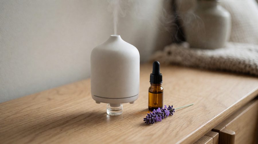 Waterless diffuser with a glass oil bottle on an oak sideboard