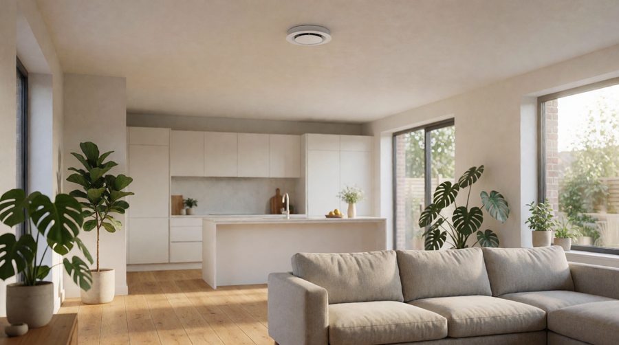 Open-plan UK living room with a ceiling ventilation valve from a whole house scent system